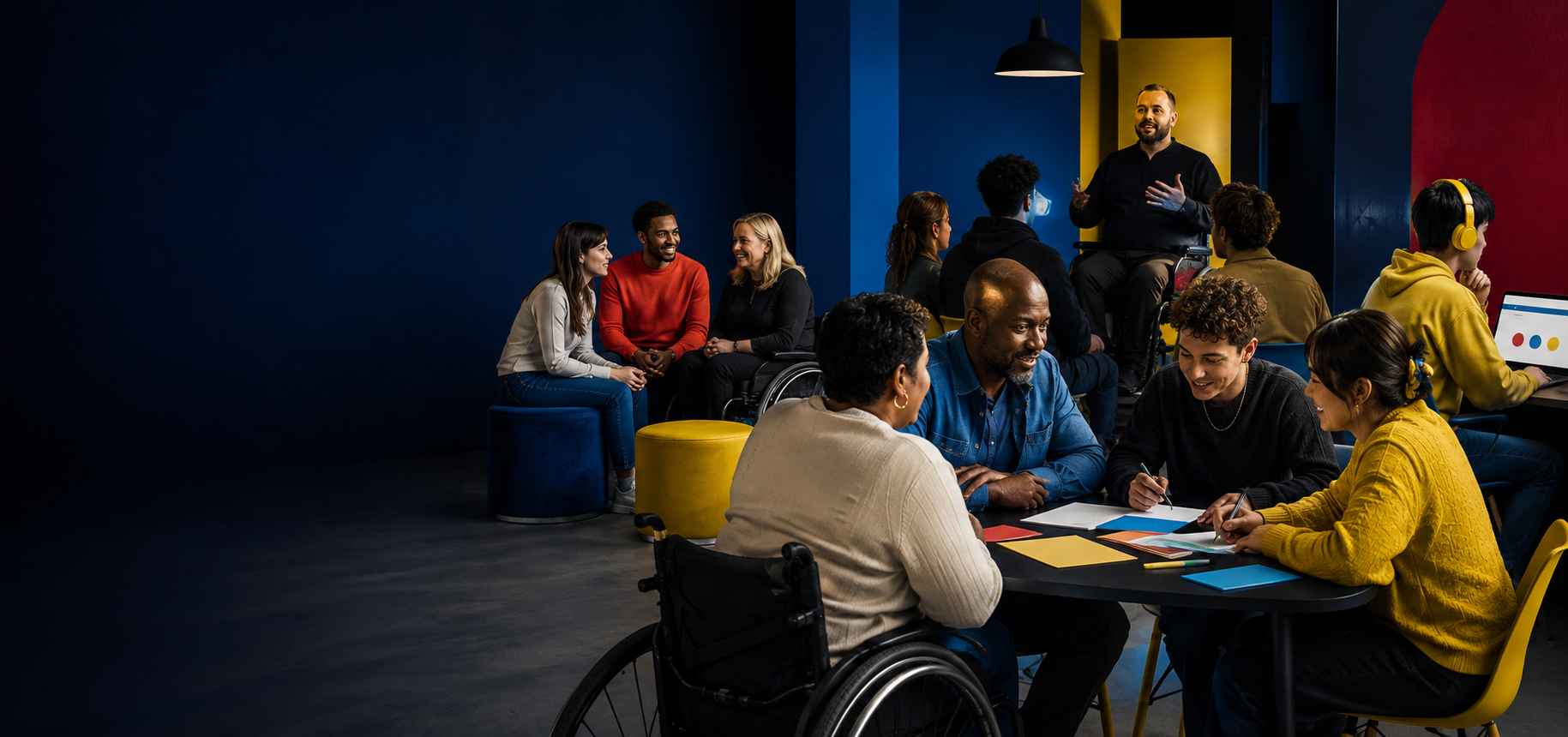 Disabled people and allies sharing ideas, speaking and working together